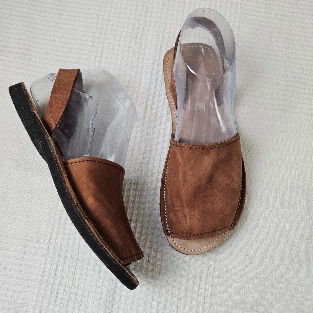Handmade Slip On Leather Sandals Sz 37 6.5 7 Brown Shoes Slingback‎